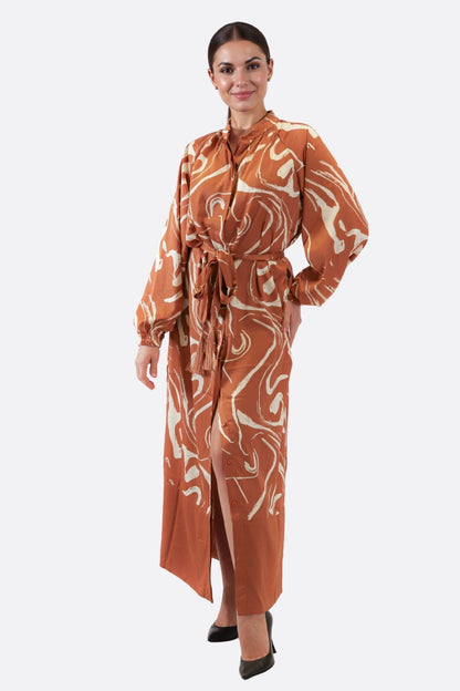 Long Kimono-Style Maxi Dress with Marble Print