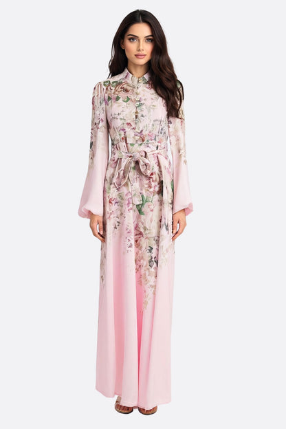 Pink Floral Print Maxi Dress with Jewel Buttons