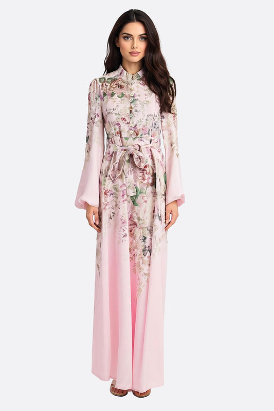 Pink Floral Print Maxi Dress with Jewel Buttons
