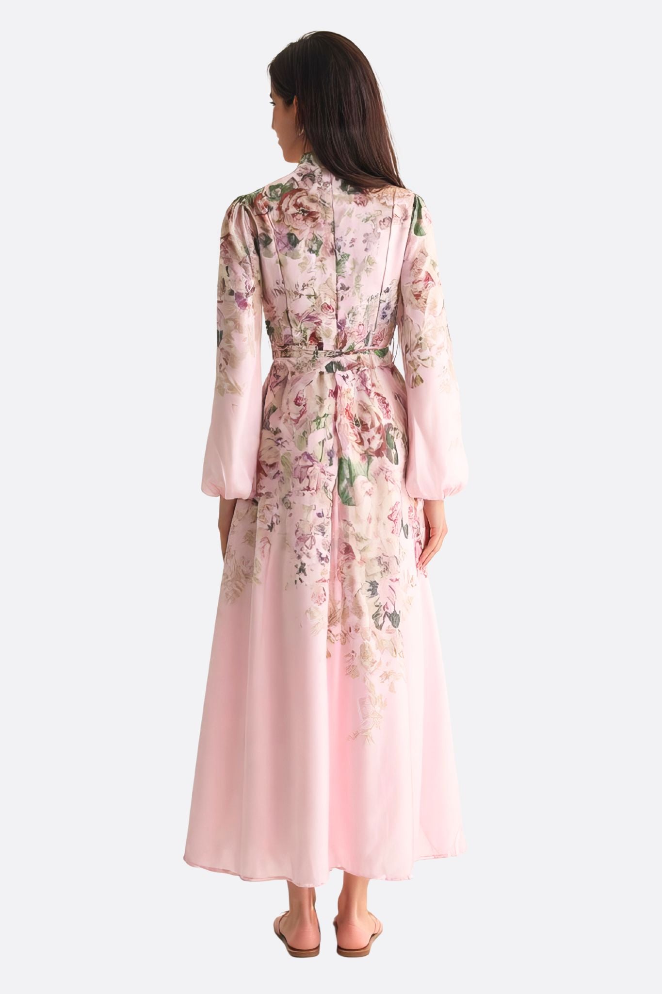 Pink Floral Print Maxi Dress with Jewel Buttons