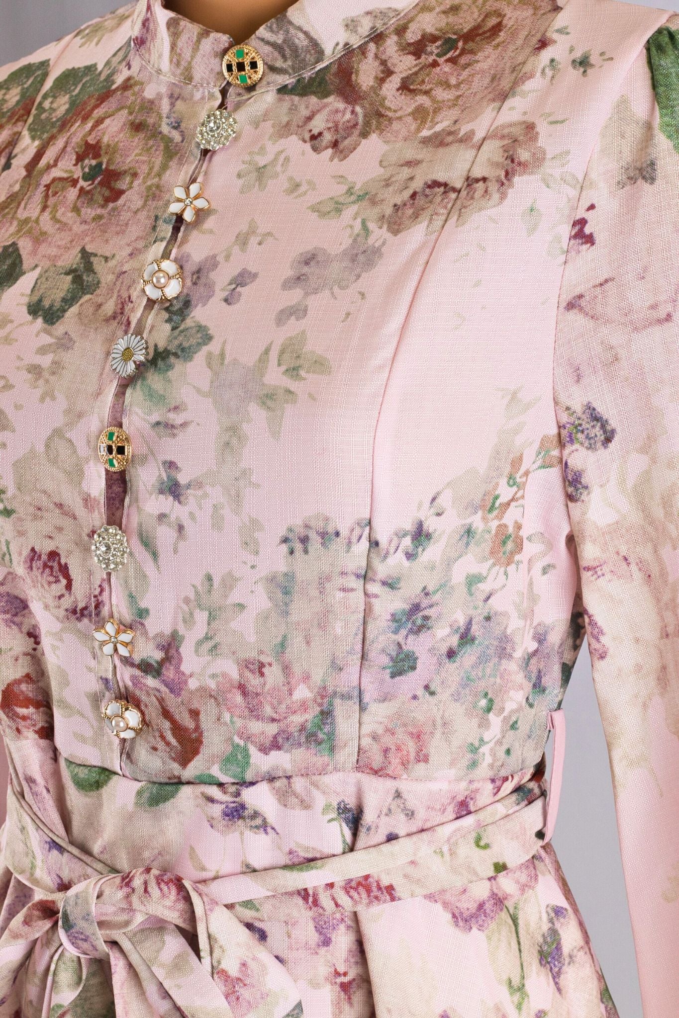 Pink Floral Print Maxi Dress with Jewel Buttons