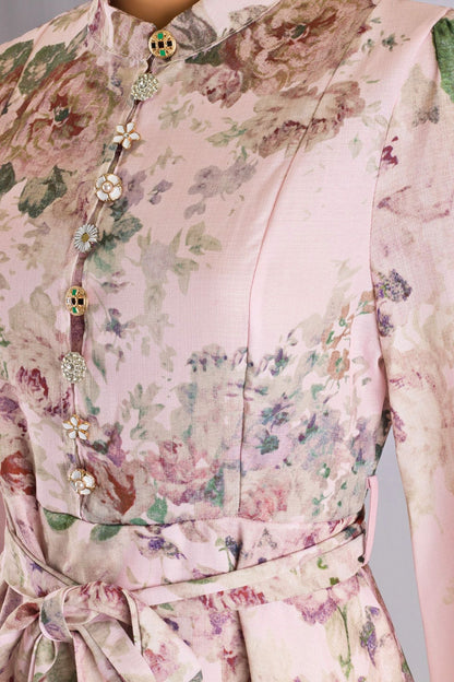 Pink Floral Print Maxi Dress with Jewel Buttons
