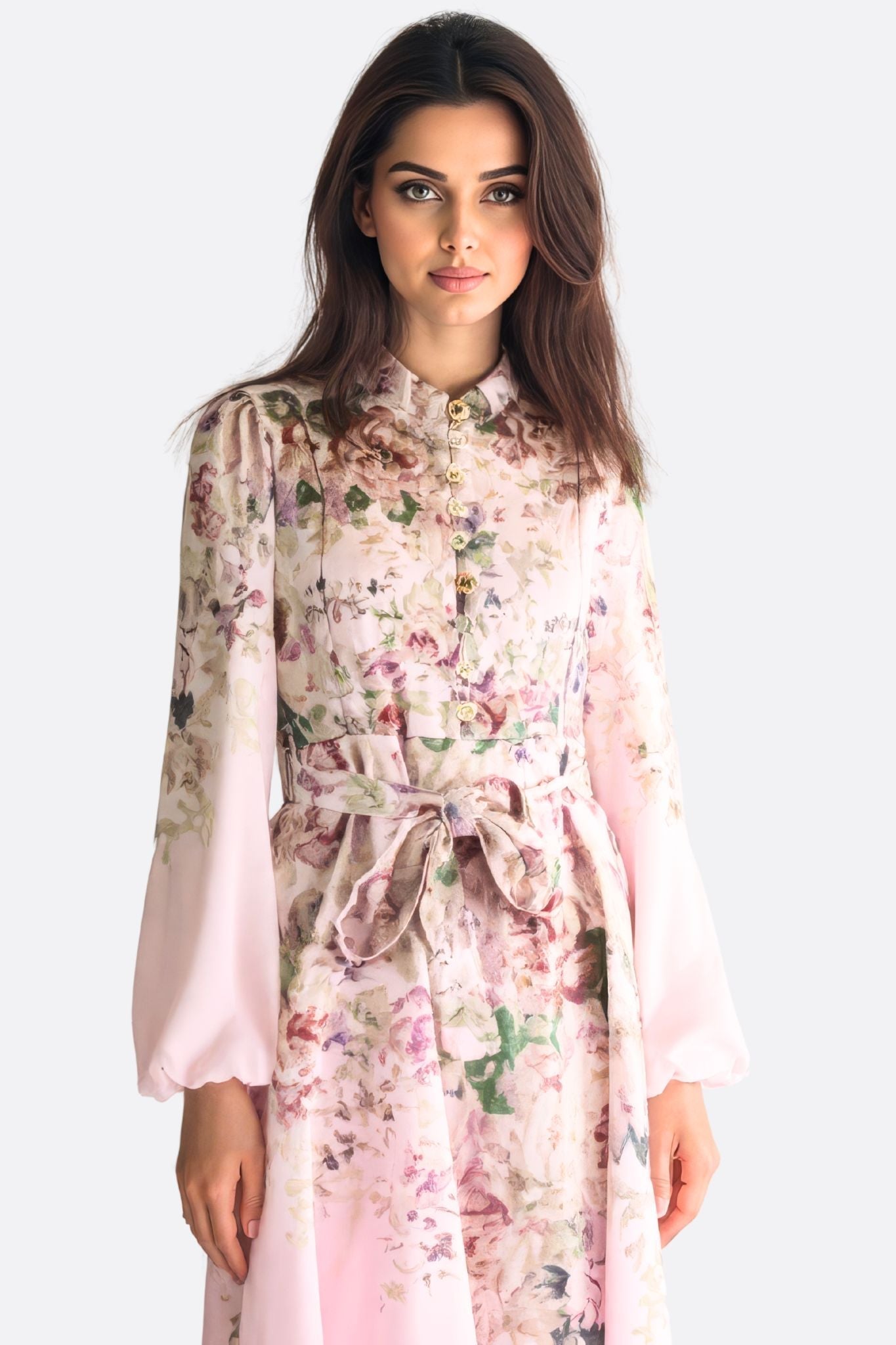 Pink Floral Print Maxi Dress with Jewel Buttons