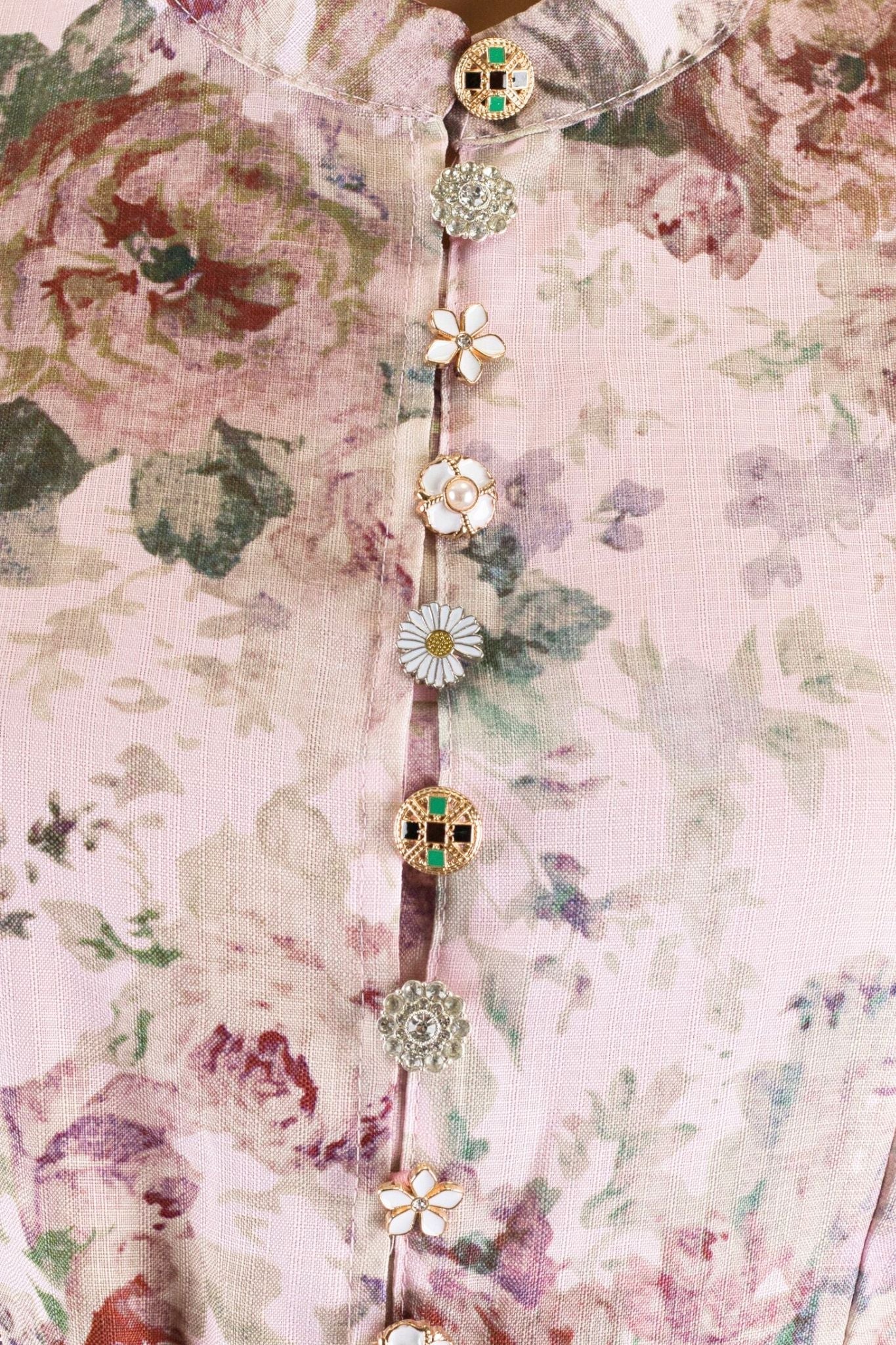 Pink Floral Print Maxi Dress with Jewel Buttons