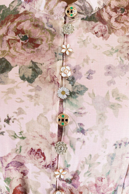 Pink Floral Print Maxi Dress with Jewel Buttons