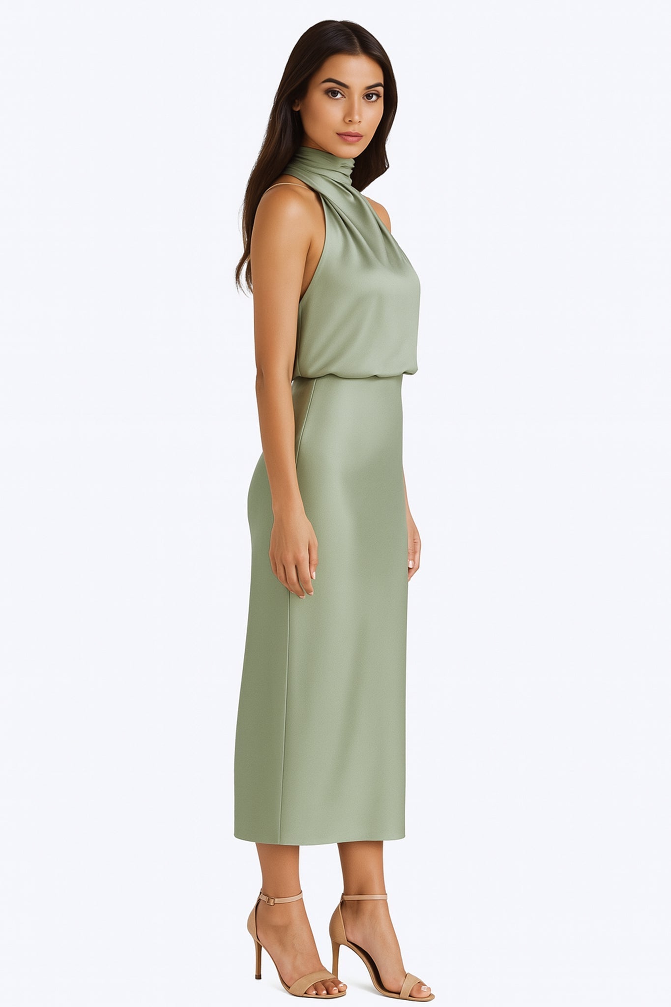 Sage Green Satin Midi Dress